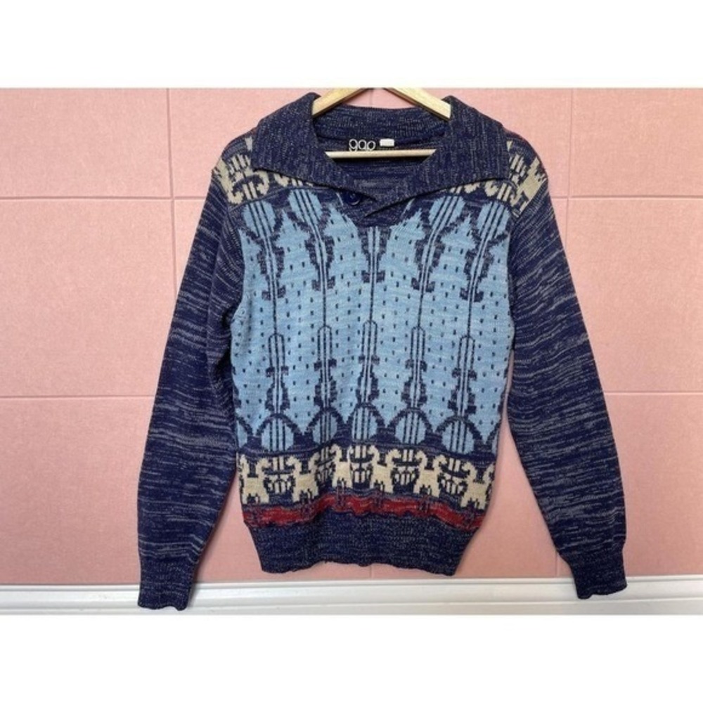 Vintage Gap Blue Intarsia Geometric Shawl Collar Acrylic Sweater Mens L 80s 90s